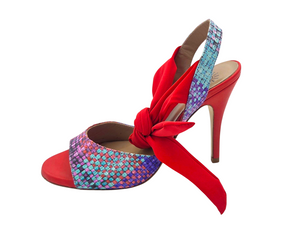 Sandalias JuliaBella Paloma Fantasia multicolor con tacón de 9cm, detalle de lazo de licra rojo y cuero artesanal